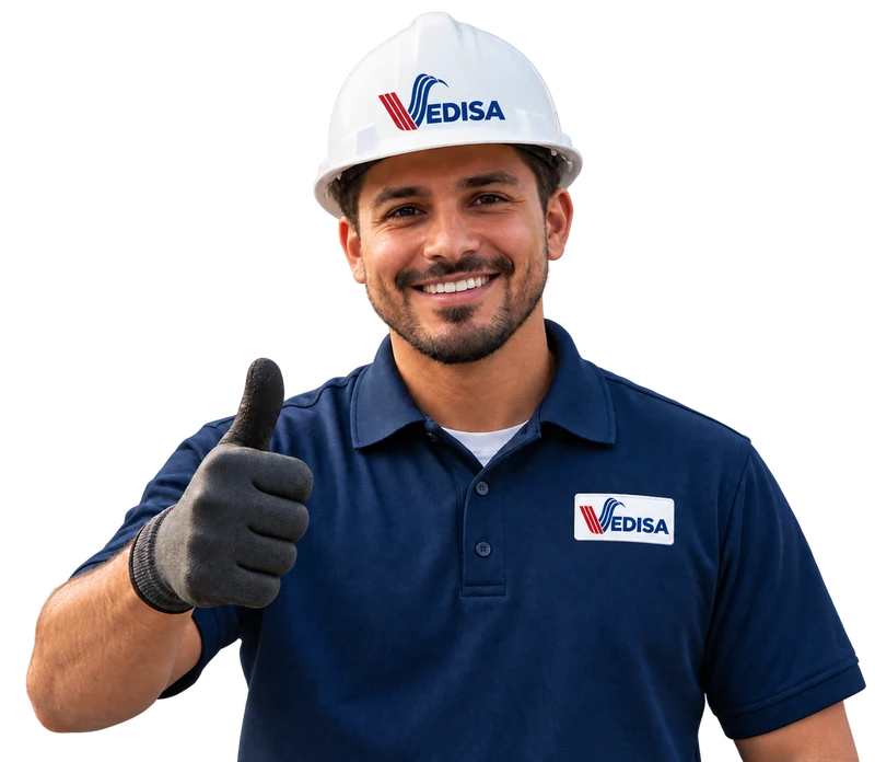 Instalador Vedisa sonriente con casco y pulgar arriba. Imagen conceptual.